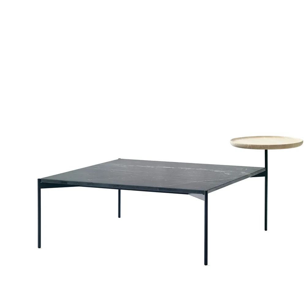Plateau med bricka soffbord, marmor svart-svart stativ-bricka i ask-90x90 Adea