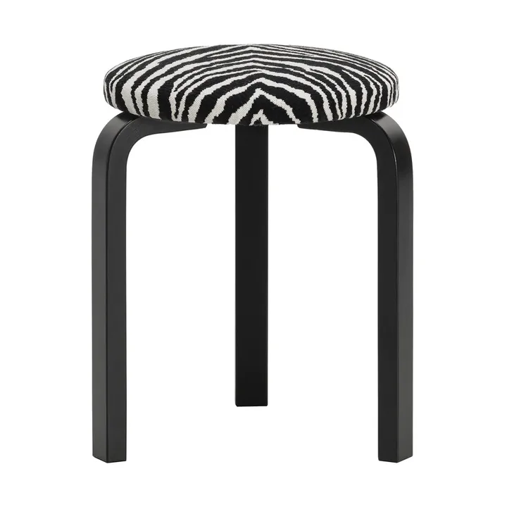 Stool 60 rund pall 3 st ben - Svartlackerad björk-tyg Zebra svart, Ø38x44 cm - Artek