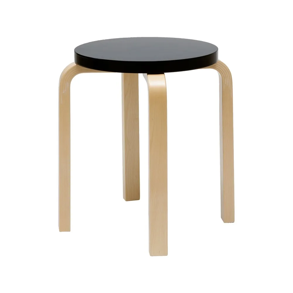Stool E60 rund pall 4 st ben, Naturlackerad björk-Svart lack, Ø38x44 cm Artek