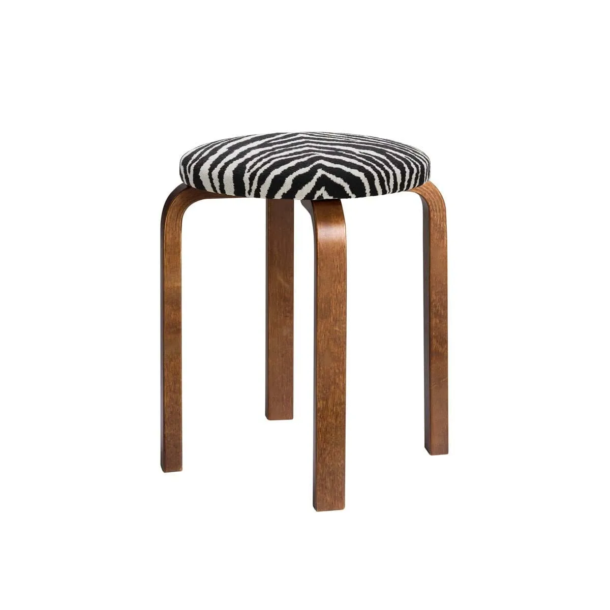 Stool E60 rund pall 4 st ben, Valnötsbetsad björk-tyg Zebra svart, Ø38x44 cm Artek