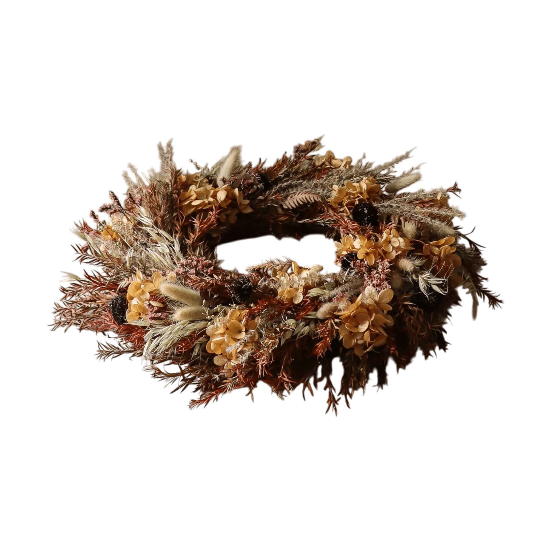 Golden Meadow Wreath blomkrans, Hortensia-torkat gräs-ormbunke-haröron, Ø40 cm Botané