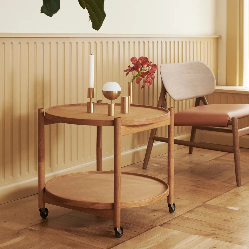 Bølling Tray Table model 60 rullbord, stone, oljat bokstativ Brdr. Krüger