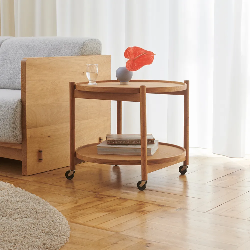 Bølling Tray Table model 60 rullbord, stone, oljat bokstativ Brdr. Krüger