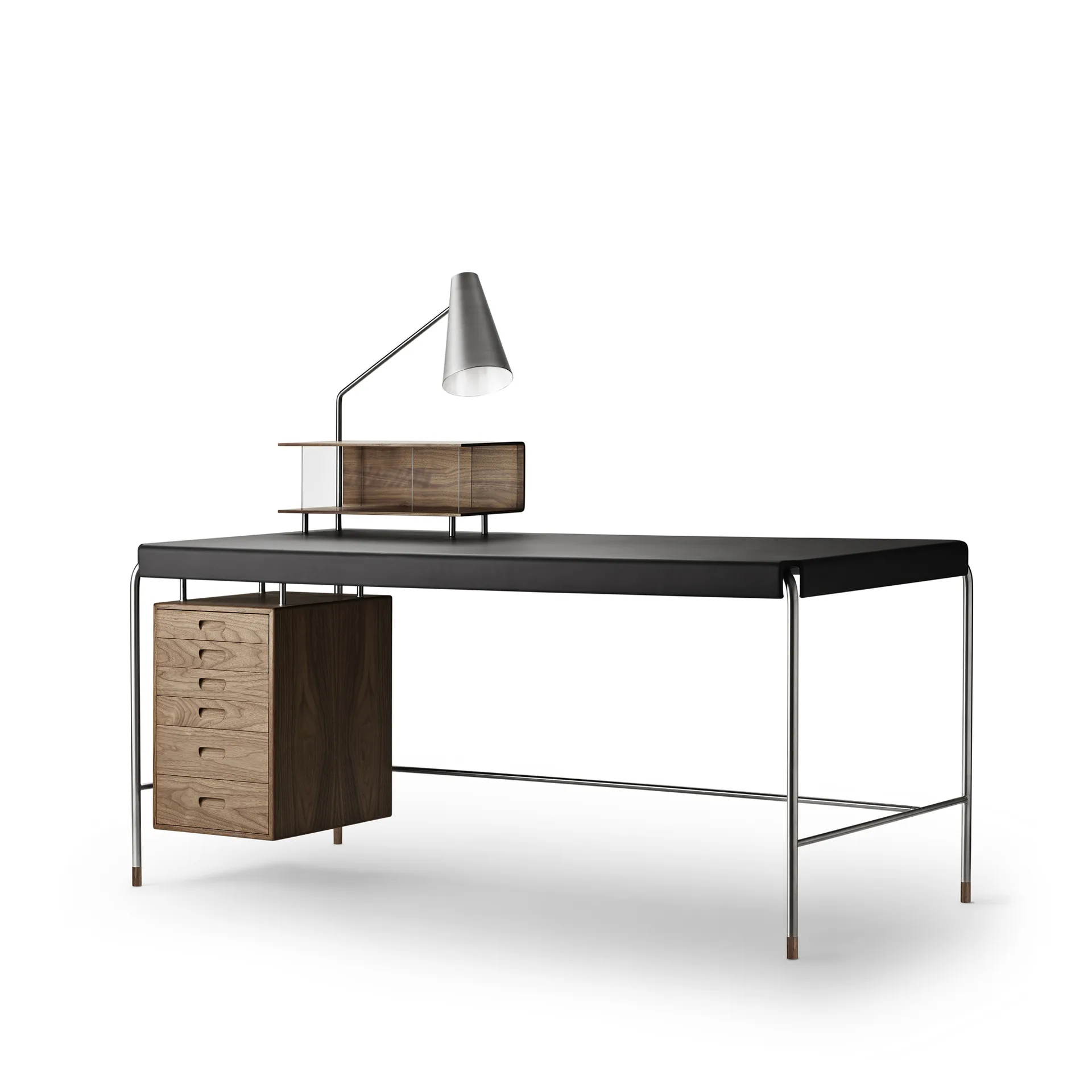 AJ52 Society Table skrivbord, Lackad valnöt inkl. belysning 160 cm Carl Hansen & Søn