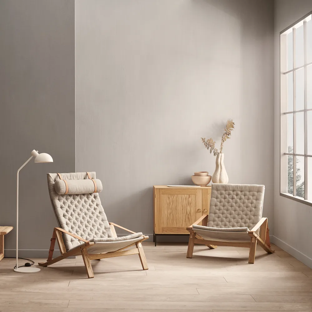 FK10 Plico fåtölj, Tyg canvas natur-vitoljad ek Carl Hansen & Søn