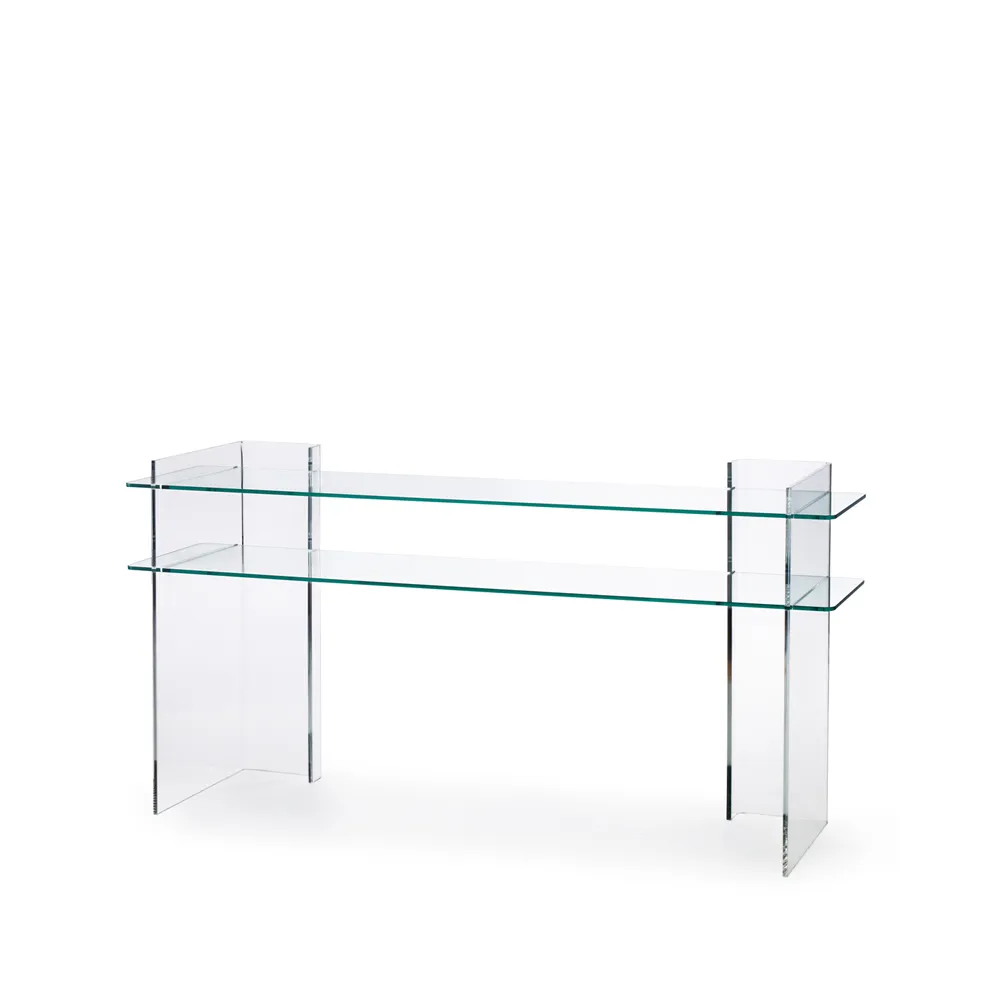 Combiplex konsolbord, klar, 2 hyllplan, stativ i plexiglas Fogia