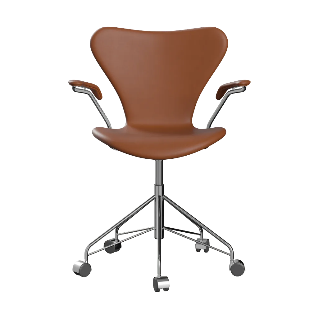 Sjuan 3217 helklädd kontorsstol mjuka hjul, Essential walnut leather-chrome Fritz Hansen