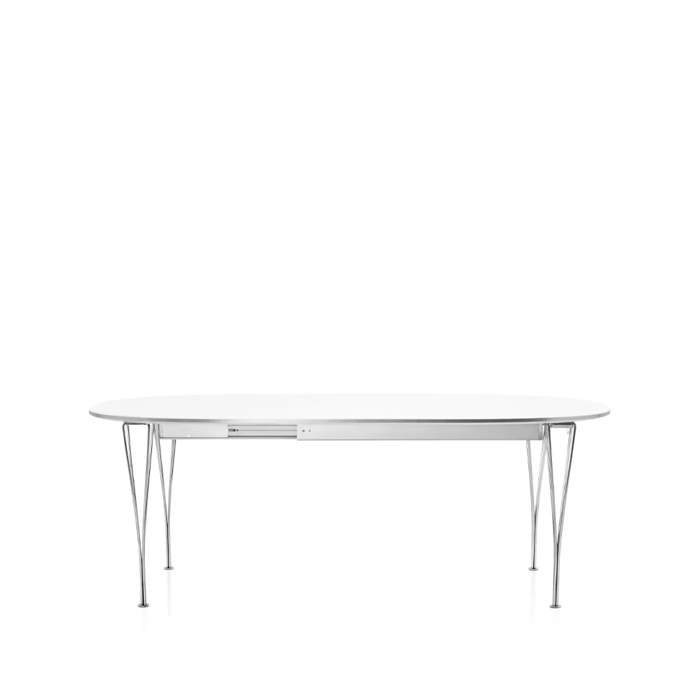 Superellips B619 matbord, Vit laminat 2 ilägg-krom  Fritz Hansen