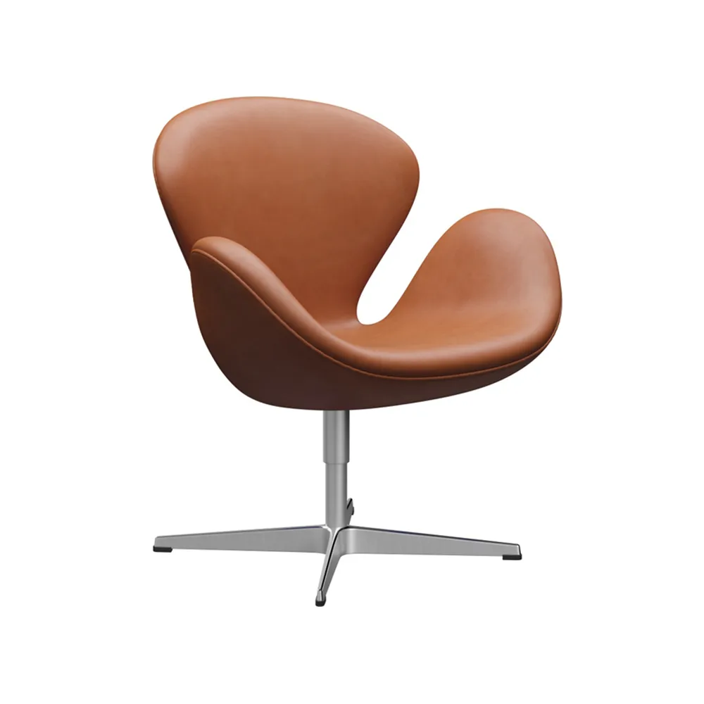 Svanen 3320 fåtölj, läder grace walnut, satinborstat rostfritt stålstativ Fritz Hansen