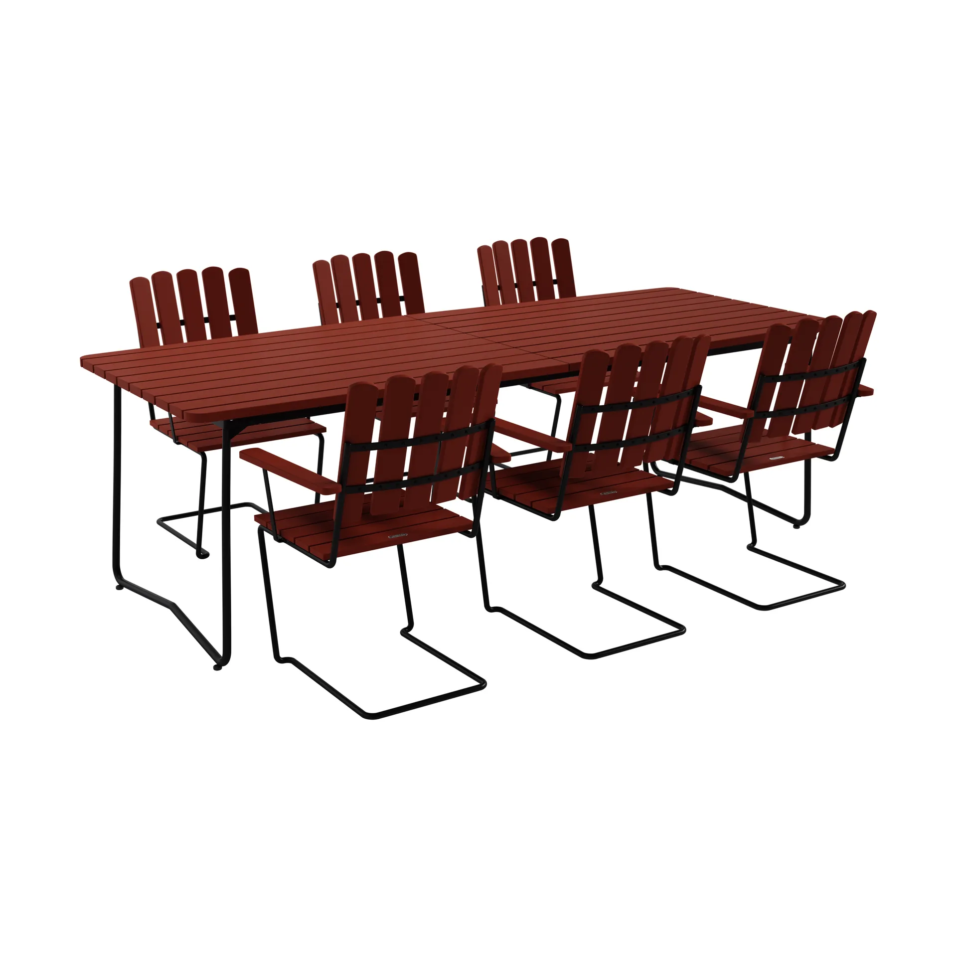 B31 bord 230 cm + 6 A2 fåtölj, mörkröd ek-svart stativ Grythyttan Stålmöbler
