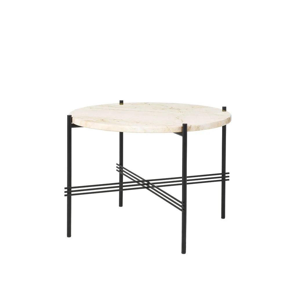 TS Round soffbord, natural white travertine, ø55, svart stativ GUBI