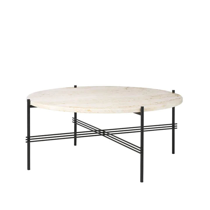 TS Round soffbord - natural white travertine, ø80, svart stativ - GUBI