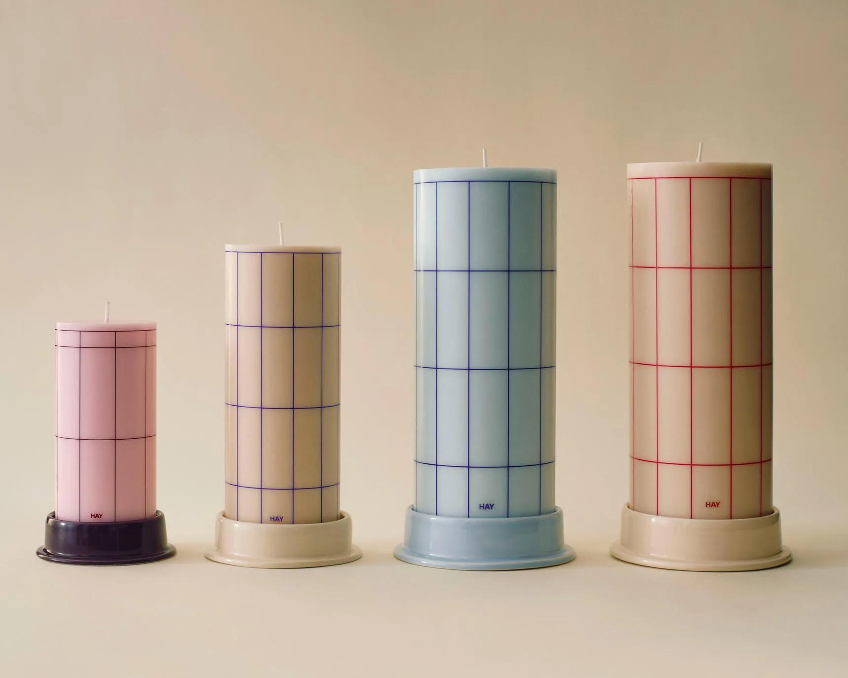 Column Candle blockljus small 15 cm, Light pink-bordeaux grid HAY