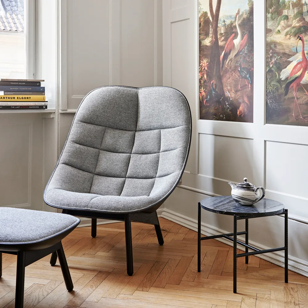 Uchiwa Quilt loungefåtölj, Steelcut trio 133 grey-ek-baksida remix 143 HAY