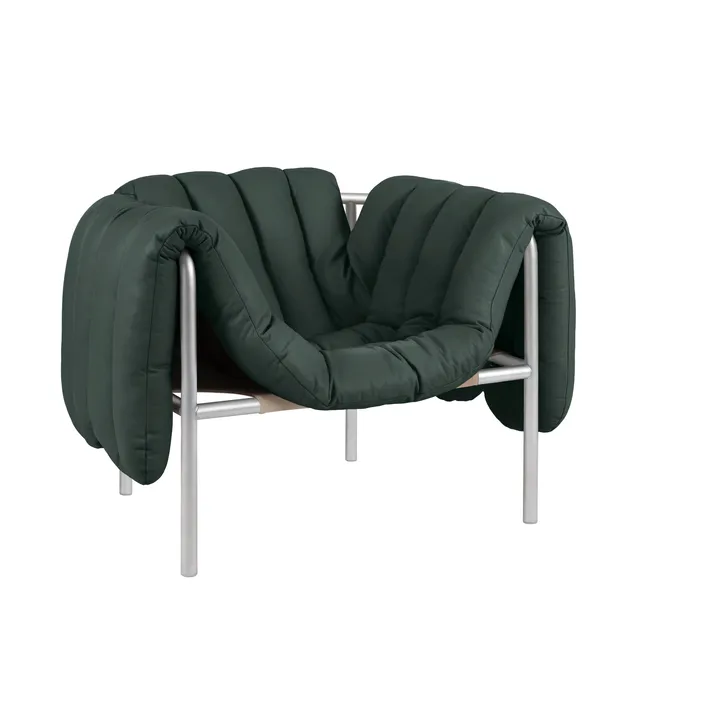 Puffy loungefåtölj - Dark green leather-rostfritt stål - Hem
