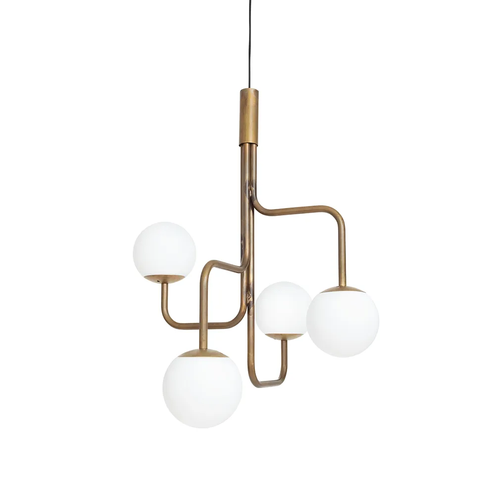 Strapatz pendel glob Ø78 cm, Rå mässing-opal Konsthantverk