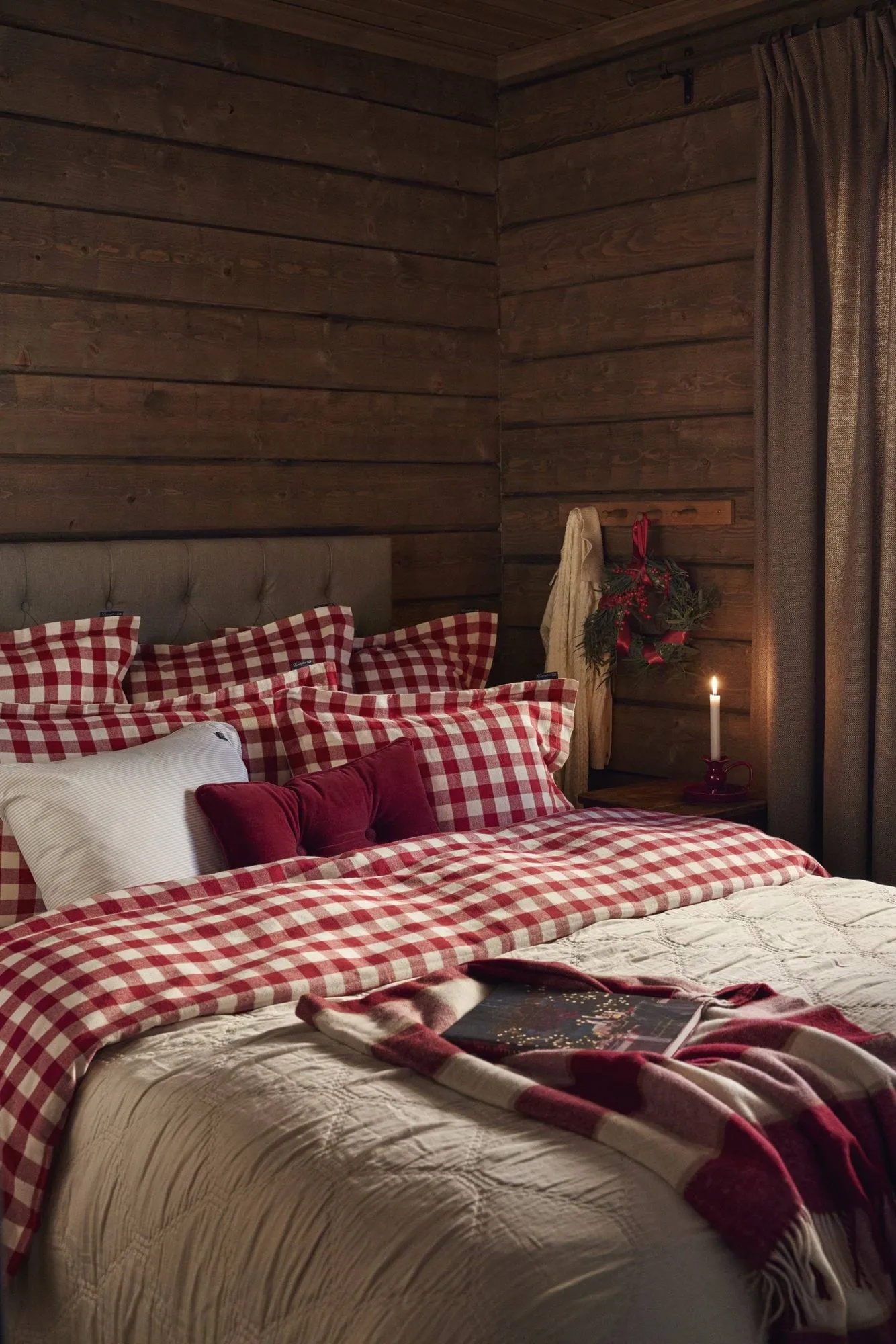 Checked cotton flannel bäddset, Red-light beige, 50x60 cm/150x210 cm Lexington