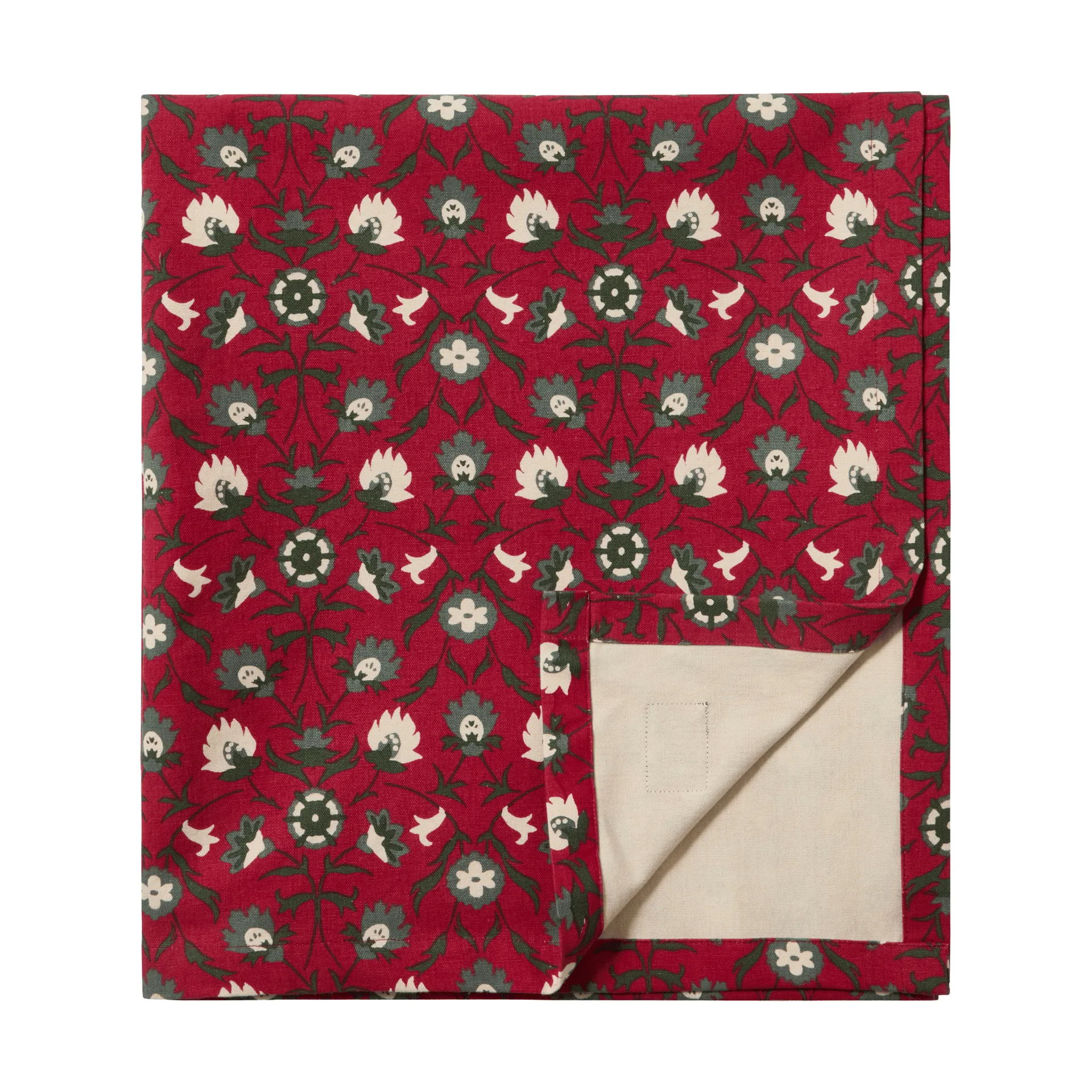 Flower printed ekologisk bomull bordsduk, Red-beige-green, 150x350 cm Lexington