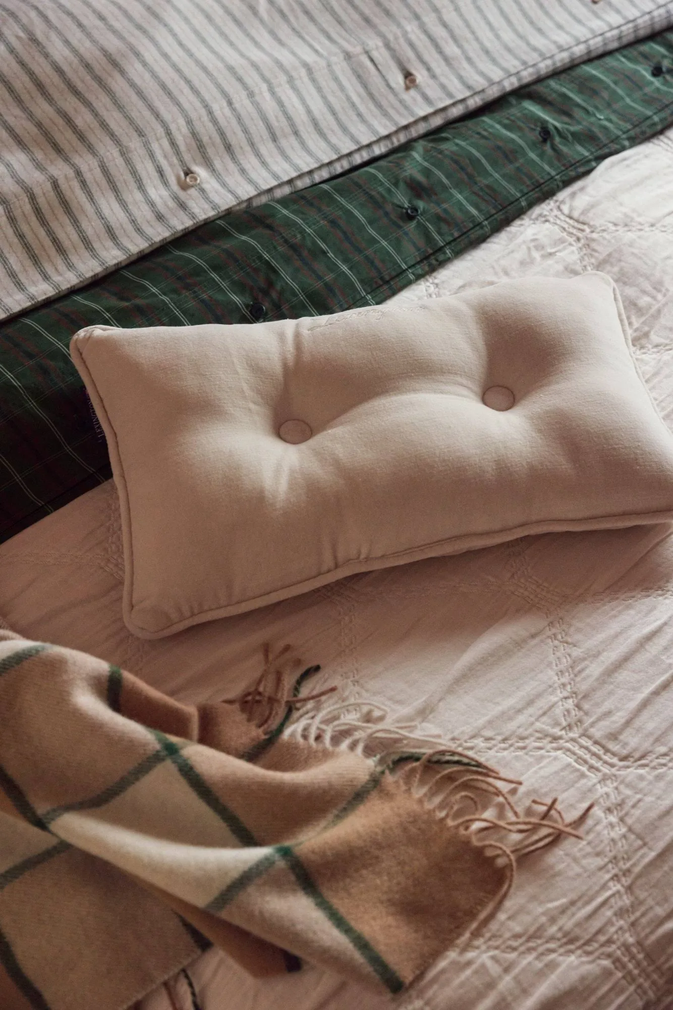 Stripe cotton flannel bäddset, White-green-beige, 50x60 cm/150x210 cm Lexington