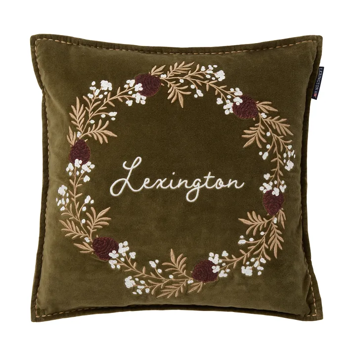 Wreath ekologisk bomullssammet kuddfodral 50x50 cm - Olive-brown-white - Lexington
