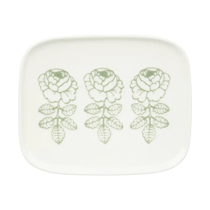 Oiva Vihkiruusu assiett - White, sage, rektangulär 12x15 cm - Marimekko