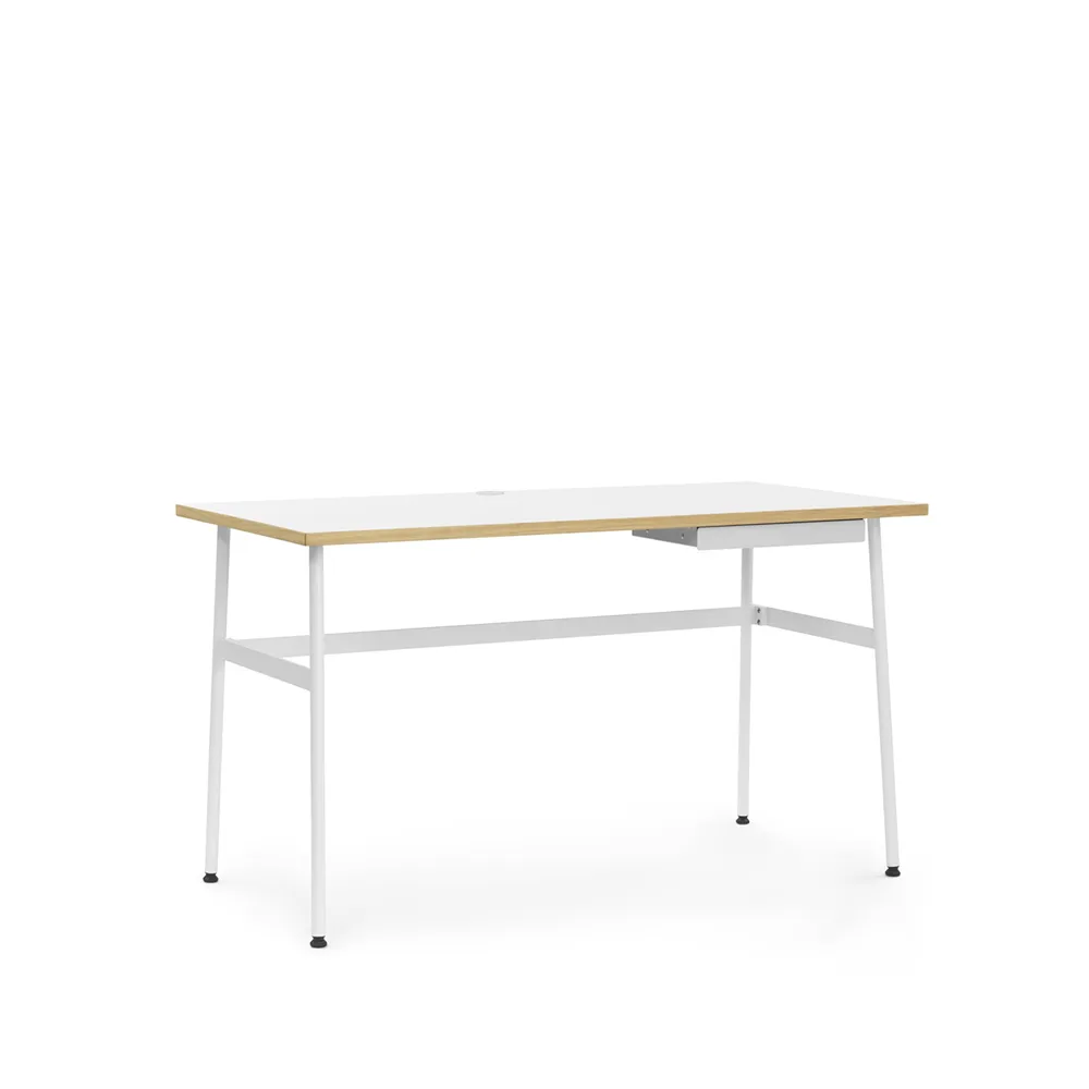 Journal skrivbord, vit laminat, vita stålben och låda Normann Copenhagen