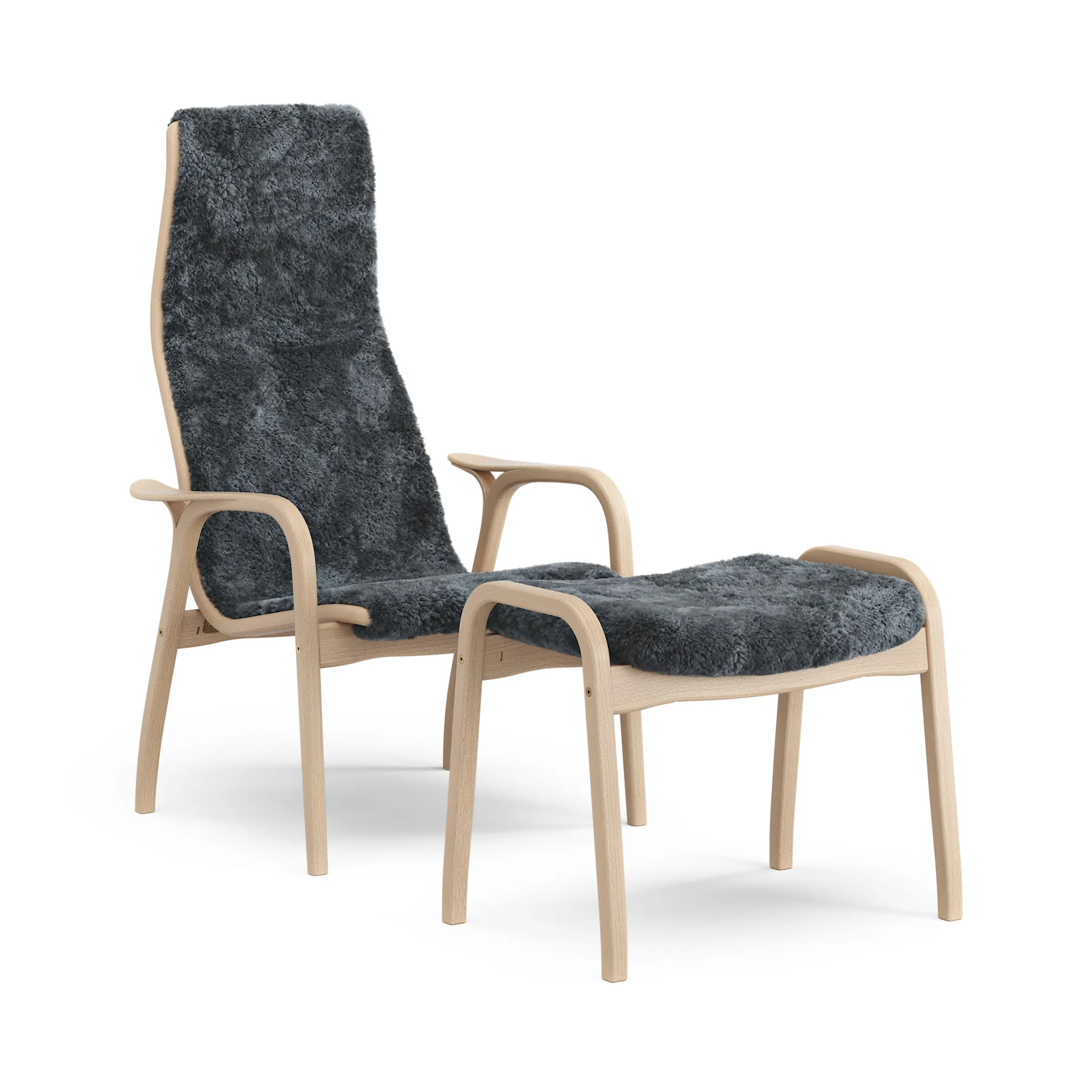 Lamino fåtölj och fotpall lackad bok/fårskinn, Charcoal (mörkgrå) Swedese