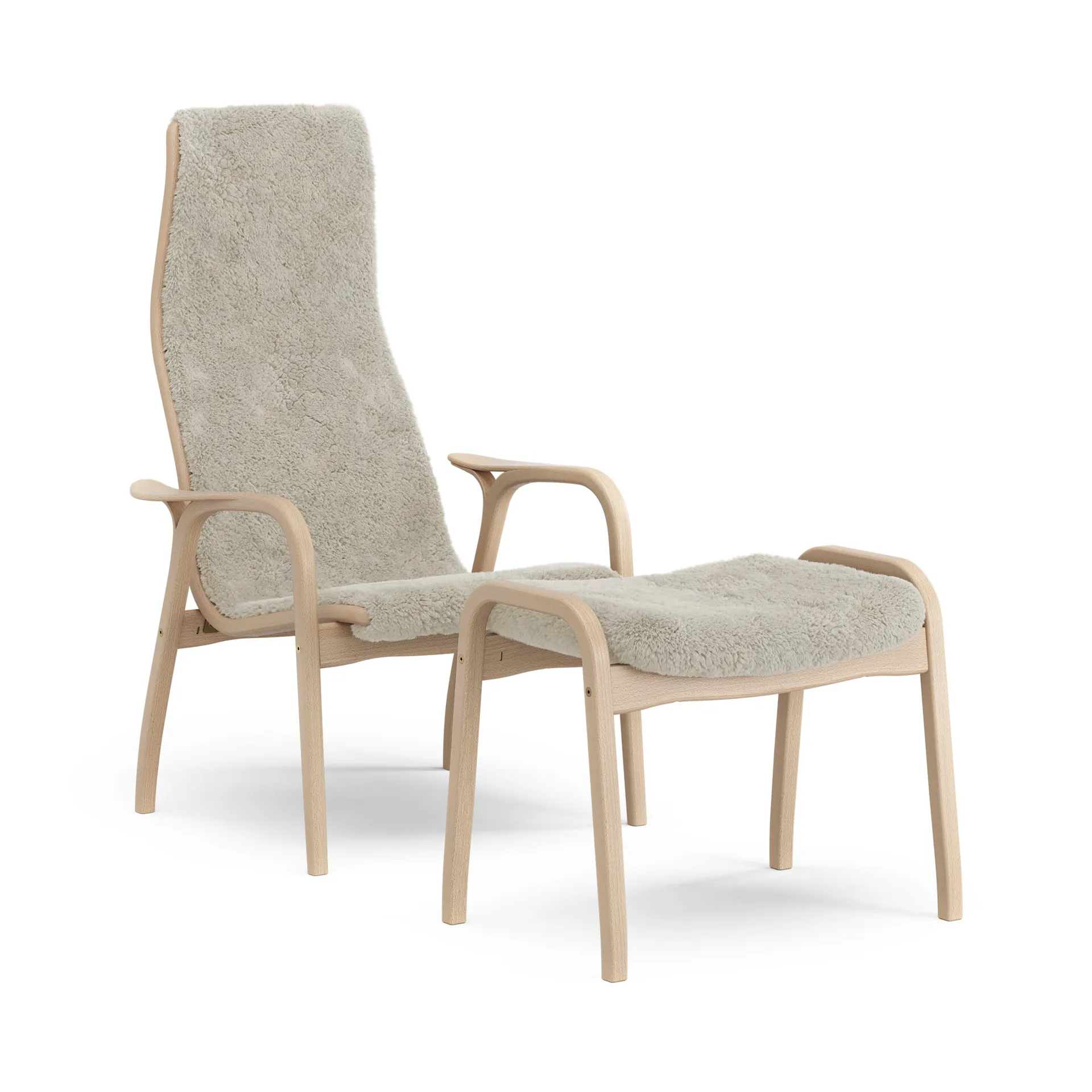 Lamino fåtölj och fotpall lackad bok/fårskinn, Moonlight (beige) Swedese