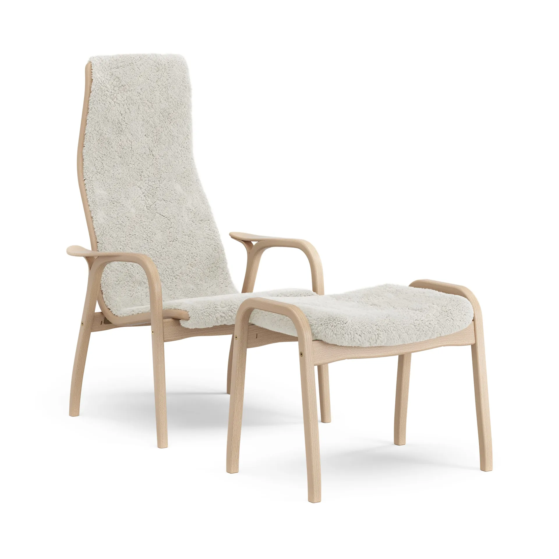 Lamino fåtölj och fotpall lackad bok/fårskinn, Offwhite (vit) Swedese