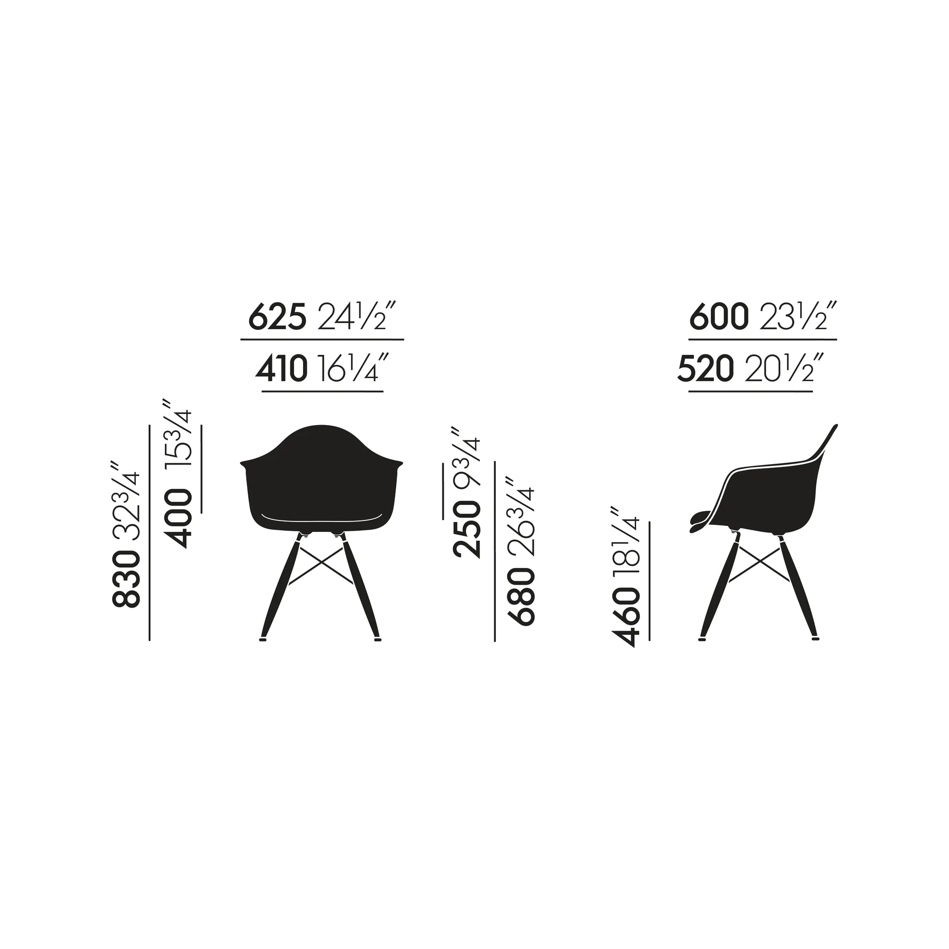 Eames Fiberglass Armchair DAW karmstol, raw umber, askben Vitra