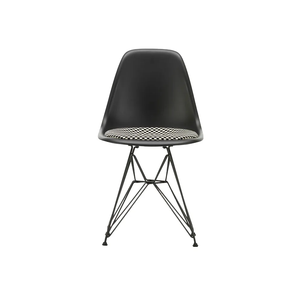 Eames plastic side chair DSR stol klädd sits, Black-Checkered-Black Vitra