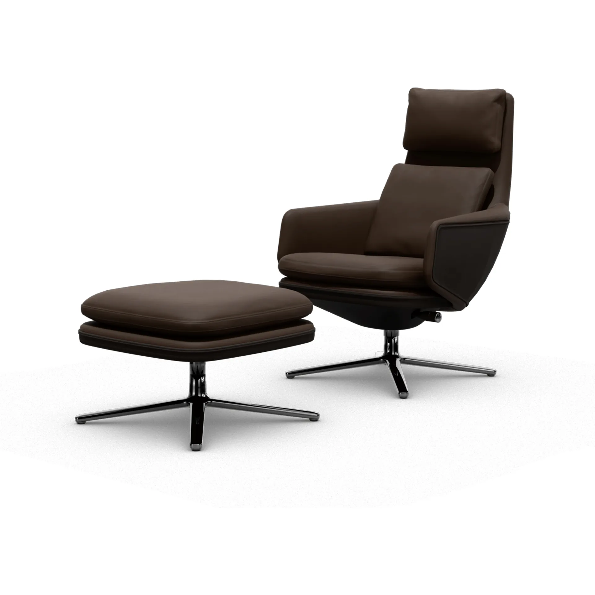 Grand Relax fåtölj + fotpall Leather premium F 68 chocolate-aluminium Vitra