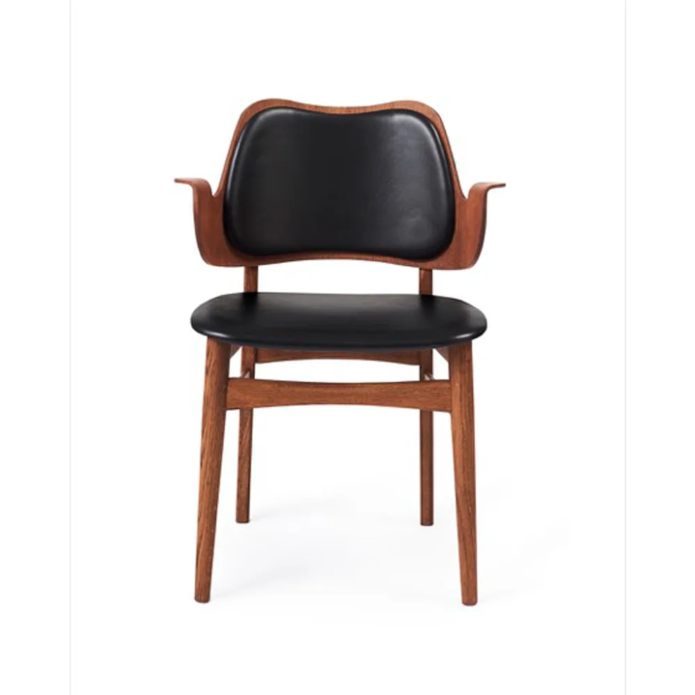 Gesture stol, klädd sits & rygg, läder prescott 207 black, teakoljat ekstativ, klädd sits, klädd rygg Warm Nordic