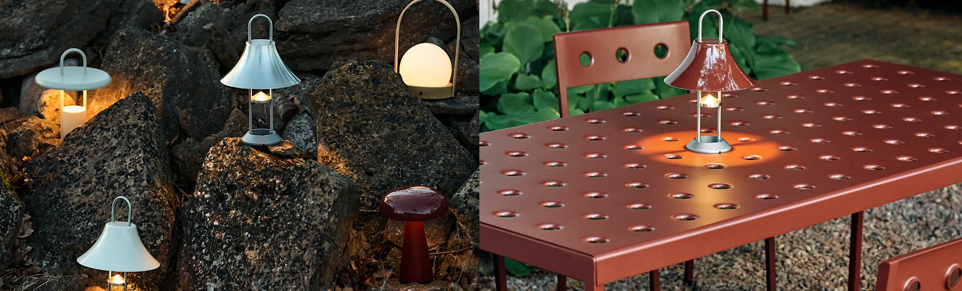 Olika bärbara lampor på stenar och ett rödbrunt perforerat bord med konformad lampa.