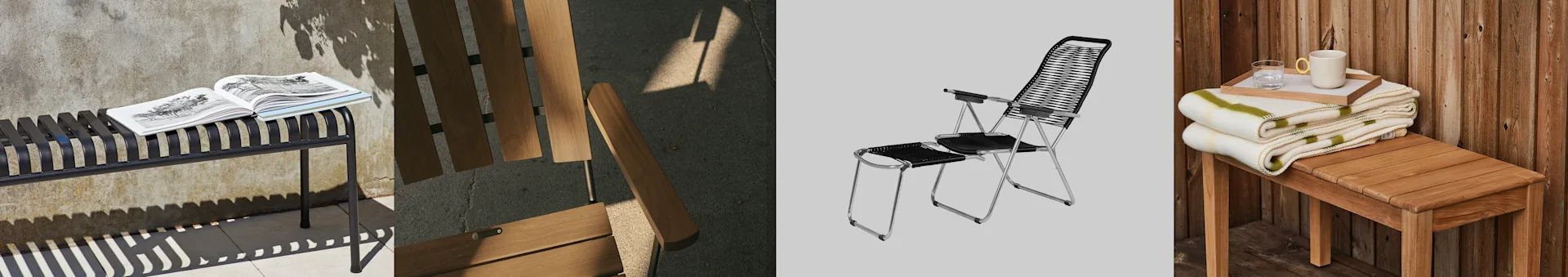 Utemöbler och inomhusmöbler: Svart bänk med bok, trästol, svart flätad fällstol och träbord med filtar och bricka.