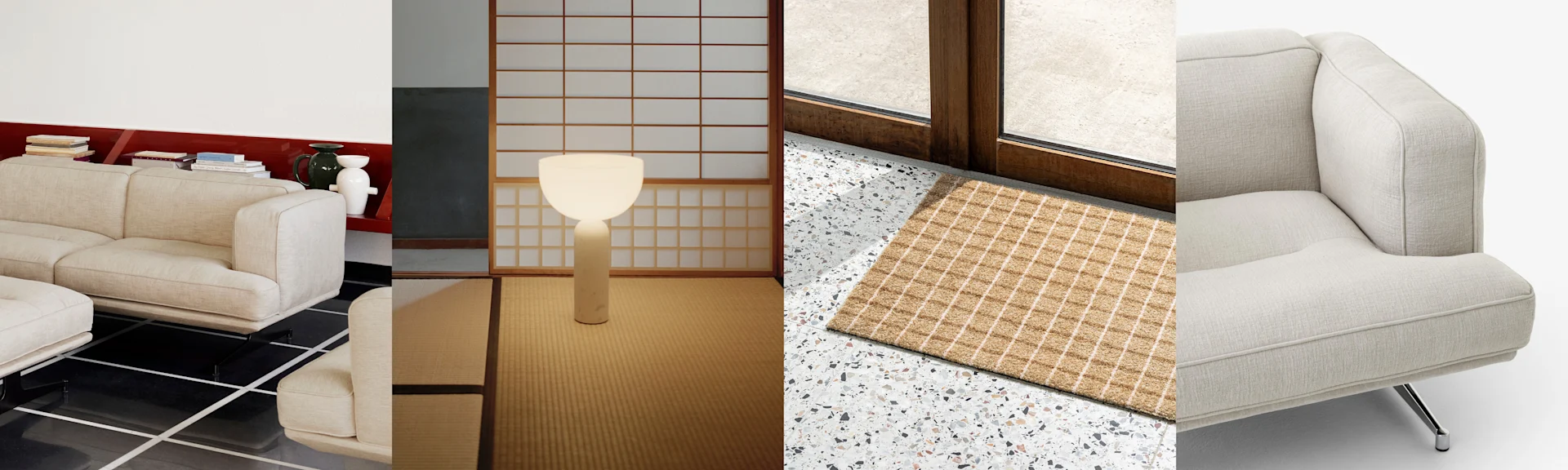 Kollage av inredningsdetaljer: beige soffa, golvlampa och shoji-skärm, randig dörrmatta på terrazzogolv, samt beige fåtölj.