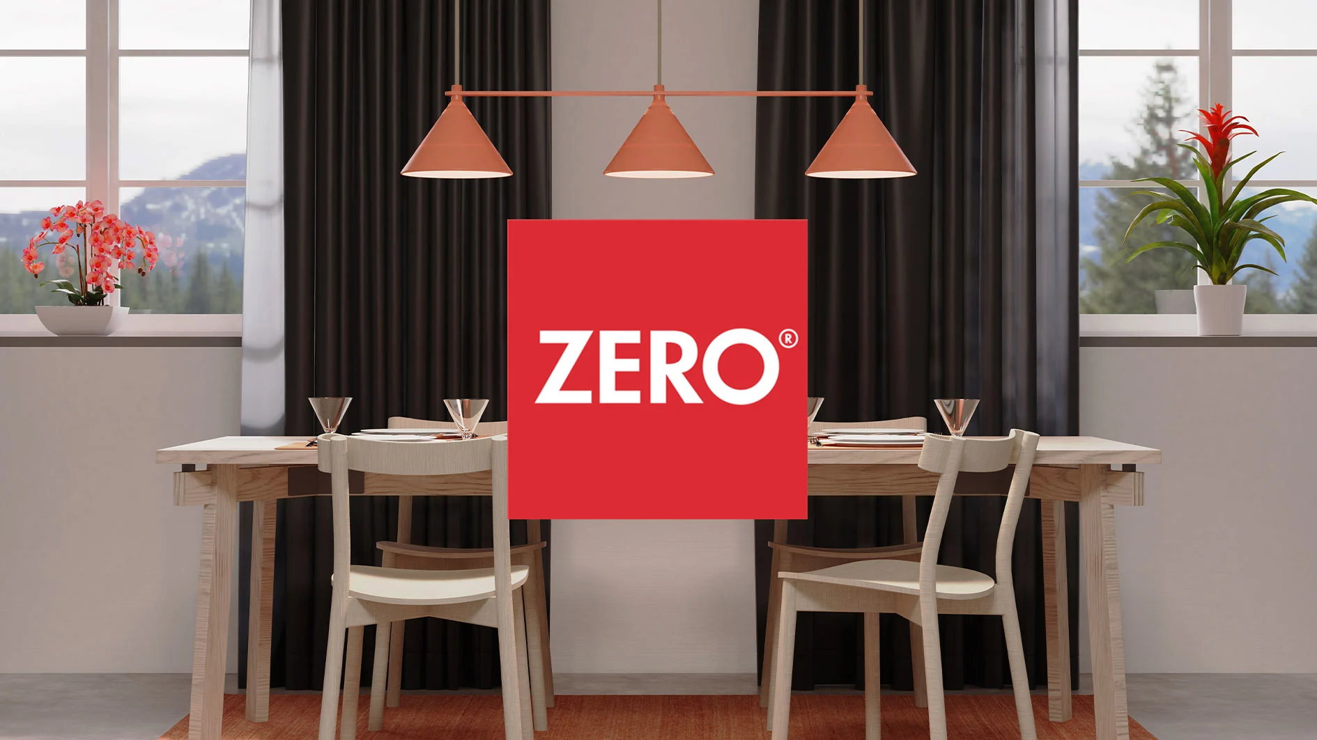 Matsal med träbord, stolar, orange matta, tre taklampor och fönster med växter. Röd ZERO-logotyp mitt i bilden.