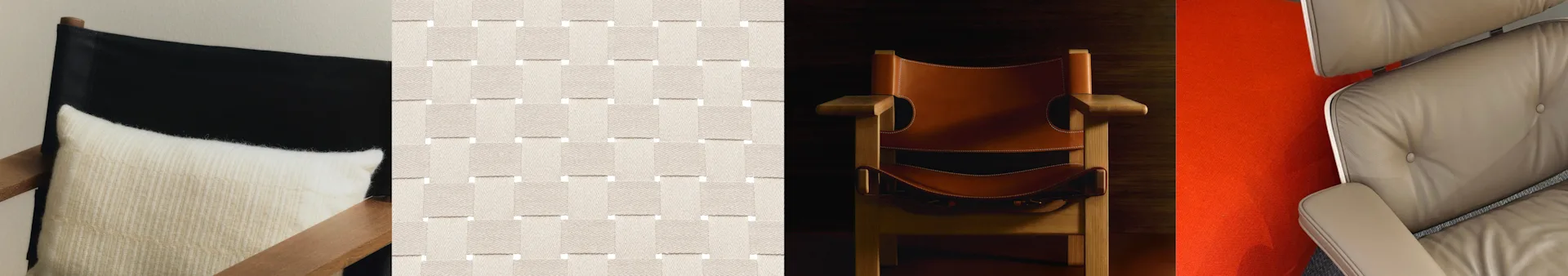 Kollage med fyra möbeldetaljer: svart/gräddvit stol, vävd beige textil, brun läderstol, och beige fåtölj med orange matta.