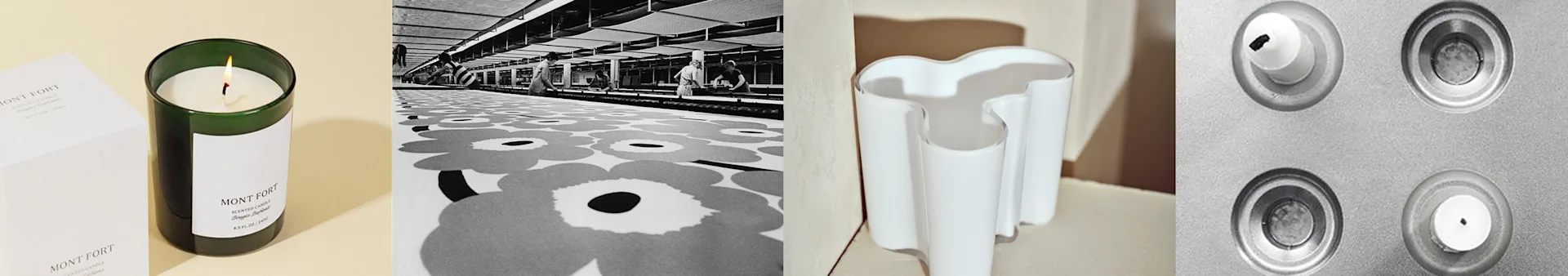 Fyra bilder: brinnande ljus, svartvit fabrik med blommigt mönster, vit vågformad vas och fyra värmeljus.