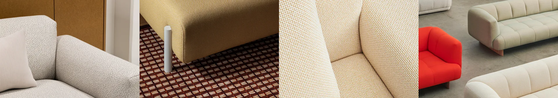 Kollage av soffor och texturer i olika färger som ljusbeige, gul och röd, med närbilder på tyg och en mönstrad matta.