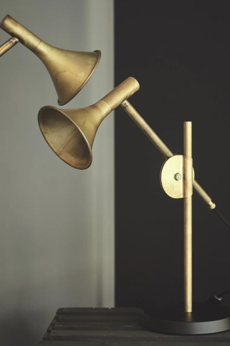 Två mässingsfärgade metallampor med trumpetformade skärmar. Den främre har justerbar arm och svart fot.