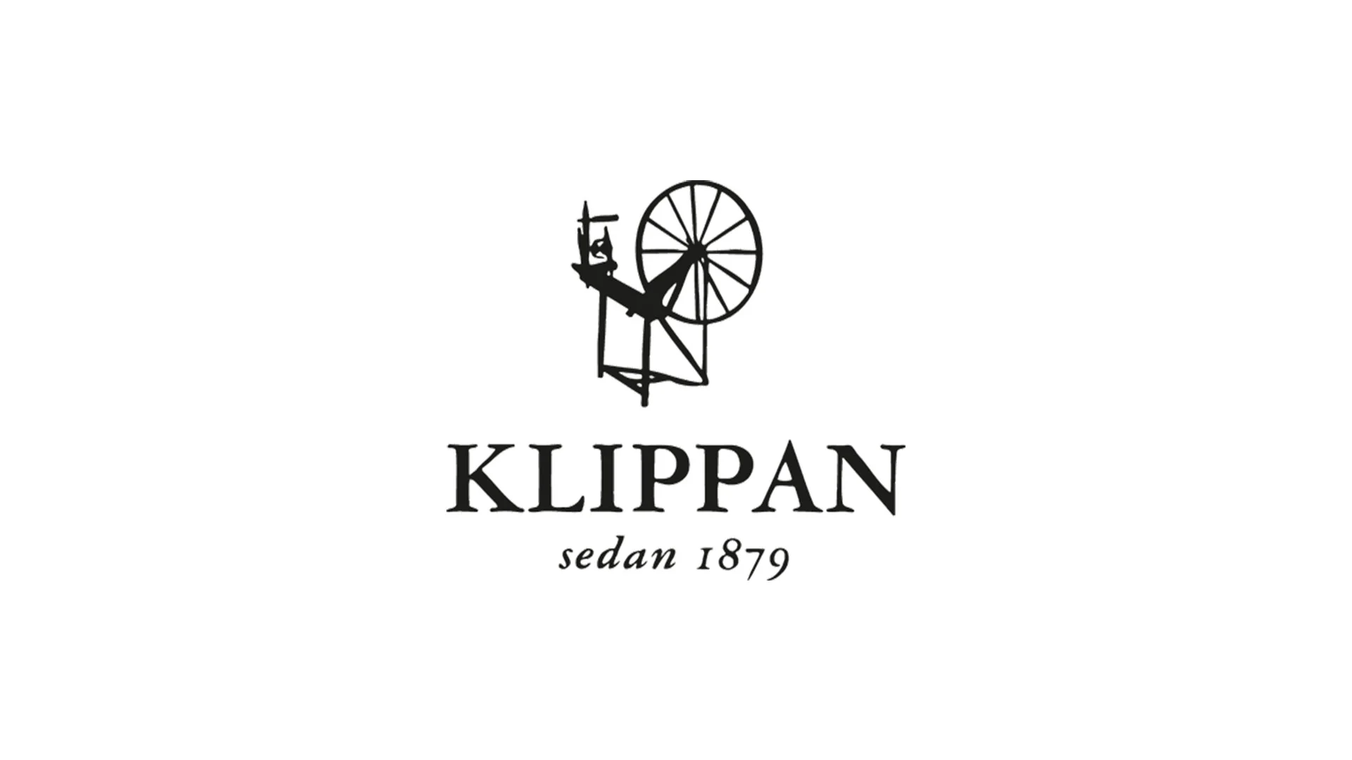 KLIPPAN-logotyp med en svart spinnrock och texten 'sedan 1879'.